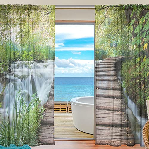 Sheer Voile Fenster Vorhang Tropical Nature Forest Landschaft Wasserfall Muster Print Polyester Material Stoff Für Schlafzimmer Decor Home Tür Deko Küche Wohnzimmer 2 Felder 198,1 X 139,7 cm von alaza