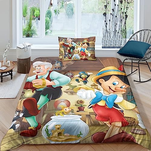 FGAITH Bettwäsche Bettbezug Set Kinder Jungen Und Mädchen Jugendliche 3D Die Abenteuer des Pinocchio Kinderbettwäsche Weiche Bettbezug Und Kissenbezug Mit Verdecktem Reißverschluss Single（135x200cm） von FGAITH