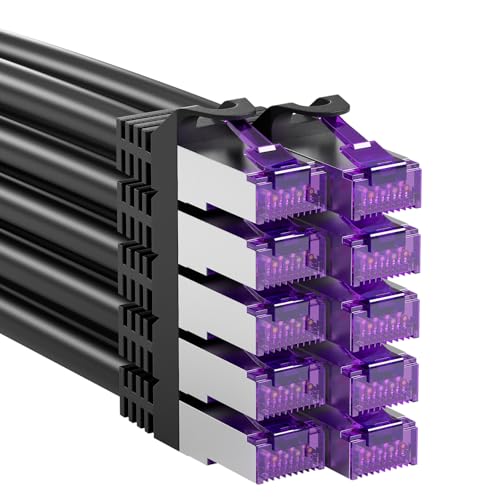 FGB 10 Gbps Patchkabel 0.25m x10, RJ45 Netzwerkkabel CAT 7, (SFTP PIMF Schirmung) Kupferkabel Ethernet Kabel 25cm, DSL LAN Kabel Kurz CAT7 CAT6 CAT5, Schwarz von FGB