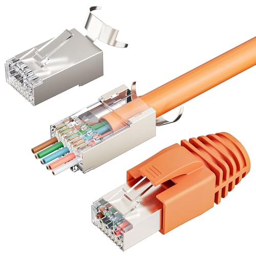 FGB 10Gbps RJ45 Stecker CAT 7 CAT 6A,10er Set Netzwerkstecker, Pass-Through & Geschirmt, 50μ Vergoldet, Lan Stecker für Verlegekabel AWG23 POE von FGB