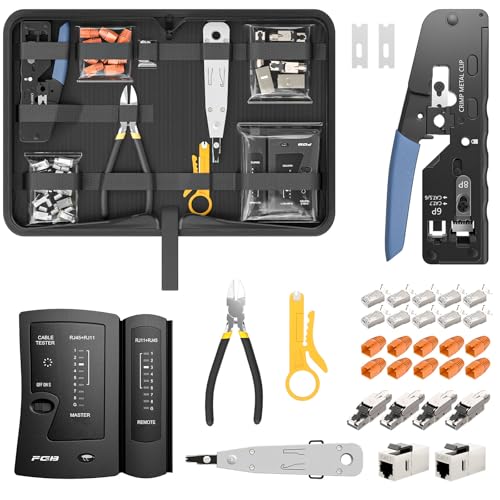 FGB Netzwerk Werkzeug Set, Pass Through RJ45 Crimpzange für Cat7 Cat6 Cat5 mit 4 x Netzwerkstecker Cat7 Werkzeuglos, 10 x RJ45 Stecker, LSA Auflegewerkzeug, Netzwerktester für RJ45, RJ11, RJ12 Kabel von FGB