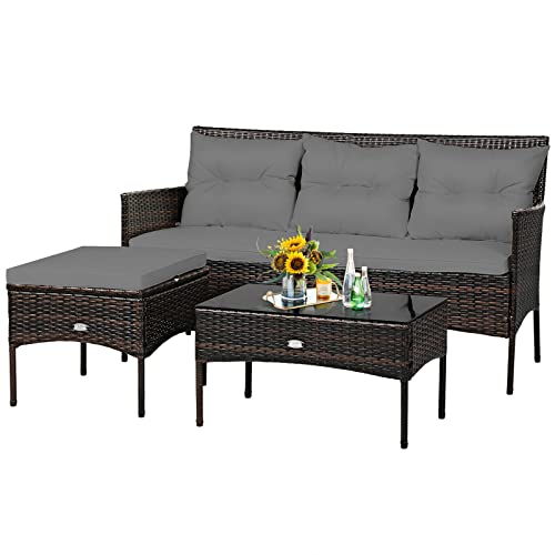 3-Sitzer-Sofa, gepolsterter Tisch, Garten, Grau, geeignet für Terrasse, Rattan-Möbel-Set für Pool, Hinterhof und Garten usw von FGFTHJBJNBDKFVFNVJNFBNVJG