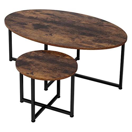 Couchtisch aus Holz, industriell, Set mit 2 Stück, ovaler Beistelltisch mit Metallrahmen (Bildfarbe 1) von FGFTHJBJNBDKFVFNVJNFBNVJG