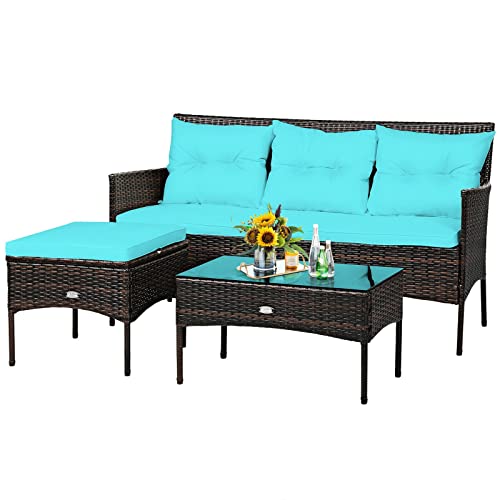 Rattan-Möbel-Set für Terrasse, 3-Sitzer, Sofa, gepolsterter Tisch, türkis, geeignet für Pool, Hinterhof und Garten usw von FGFTHJBJNBDKFVFNVJNFBNVJG