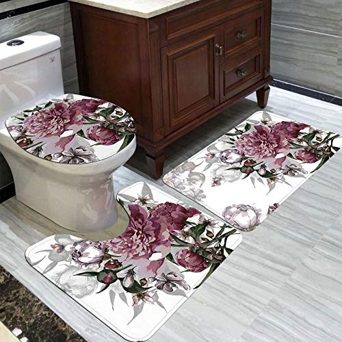 FGHJSF Badezimmermatten und Teppiche Lilane Blumen 3-teiliges Badteppich-Set Toilettensitzbezug und -vorleger, Badezimmer-Garnitur, U-förmiger Teppich, Matte von FGHJSF