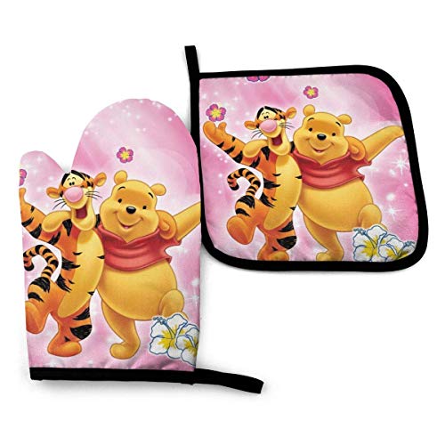 FGHJY Winnie The Pooh Bär Tigger Ofenhandschuhe und Topflappen-Sets, 1Oven Mitt + 1Potholder, rutschfeste hitzebeständige Matten, Speisesaal Küche Backen Grillparty Kochhandschuhe von FGHJY