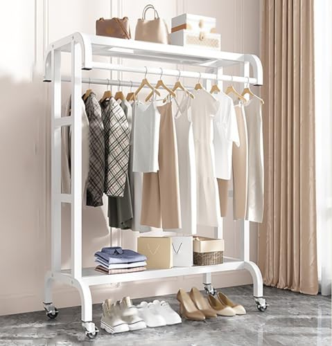FGHUF Kleiderständer Auf Rollen Metallisch,Schwerlast Kleiderstange Kleiderständer Mit Zwei Aufbewahrungsregale Oben und unten,für Schlafzimmer,Wohnzimmer,Flur,Balkon(Weiß,schwarz,Gold) von FGHUF