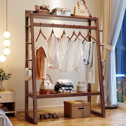 FGHUF Kleiderständer Holz, Offener Kleiderschrank Aus Holz, Garderobenständer Holz Mit Ablagefläche Aus Gehärtetem Glas, Kleiderstange Kleiderschrank Aus Holz Mit 6 Haken von FGHUF