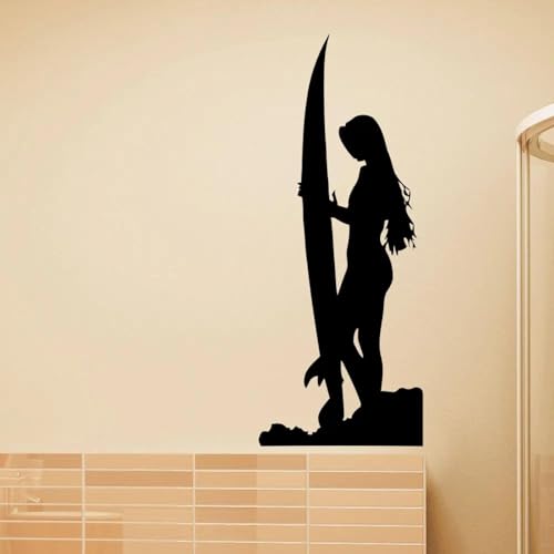 FGJFGGFR Selbstklebendes Wanddeko Surfen Sport Wandtattoo Surfendes Mädchen Silhouette mit ihrem Surfbrett Wandsticker Aufkleber Wohnzimmer Deko von FGJFGGFR