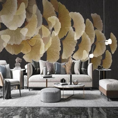 FGJFGGFR Wandbild 3D Wohnzimmer Tapete handbemalt Retro Ginkgo Blatt Innen Hintergrund Wanddekoration Kunst Aufkleber Seide Wandmalerei von FGJFGGFR
