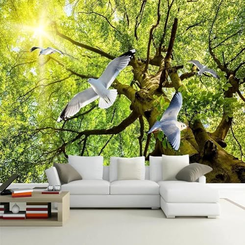 FGJFGGFR Wandbild 3d Wohnzimmer Tapete Naturlandschaft Sonnenschein grüner Baum Taube Innenhintergrund Wanddekoration Kunstaufkleber Seide Wandmalerei von FGJFGGFR