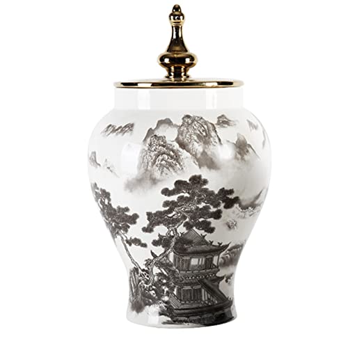 FGJKKRMI Vasen-keramisches Ingwerglas mit Deckel, China Tradition Tempel Jar Vase Geschenk Jar/Schwarz-Weiß-Landschafts-Dekorationstopf for Heimdekor Tabellenmitte (Größe : L) von FGJKKRMI