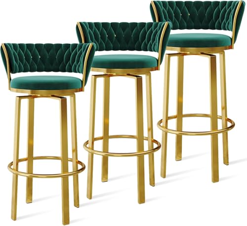 FGJUYLKvchgf Barhocker Hohe Hocker mit Geflochtener Rückenlehne 360° Drehbarer Sitz for Café/Restaurant(Green Gold Leg,3 PCS) von FGJUYLKvchgf