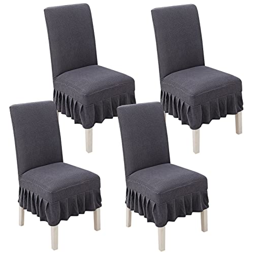 FGNIWAAE Stretch-Stuhlhussen for Esszimmerstühle – Rüschenrock-Schonbezüge for Parson-Stühle – Perfekt for Hochzeiten, Partys und als Heimdekoration(Dark Grey,4pack) von FGNIWAAE