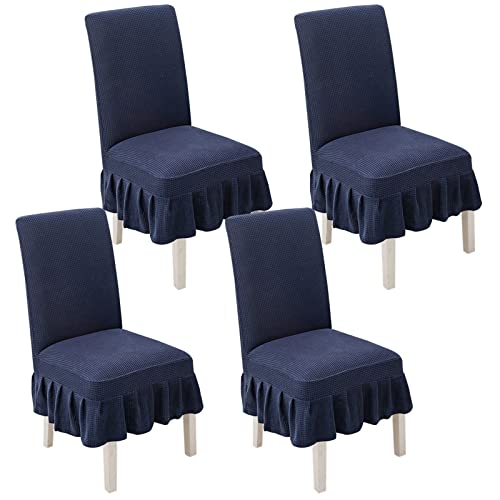 FGNIWAAE Stretch-Stuhlhussen for Esszimmerstühle – Rüschenrock-Schonbezüge for Parson-Stühle – Perfekt for Hochzeiten, Partys und als Heimdekoration(Navy Blue,4pack) von FGNIWAAE
