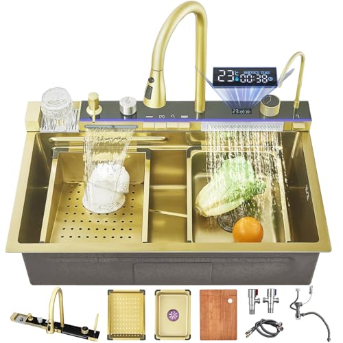 FGNIXLN Goldene Multifunktions Wasserfall Digitalanzeige Spüle, 304 Edelstahl 1 becken Smart Waschbecken mit integriertem Wasserhahn, Becherwaschmaschine, Seifenspender, Spülbeckenzubehör Set 75 cm von FGNIXLN