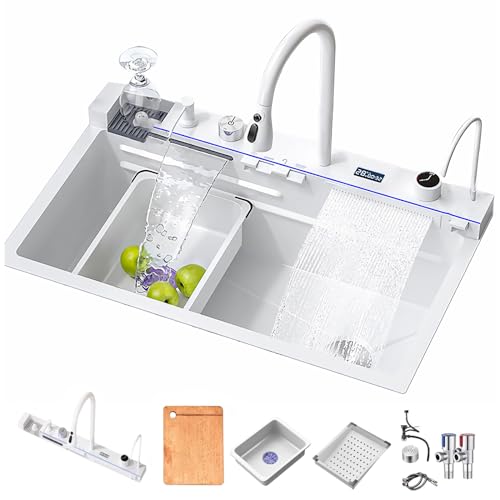 FGNIXLN Küchenspüle, T304 Edelstahlspüle, multifunktionale Küchenspüle, Wasserfall-Spüle, Einbauspüle mit multifunktionalem digitalen Wasserhahn und verschiedenen Zubehörteilen (68X45CM, Weiß) von FGNIXLN