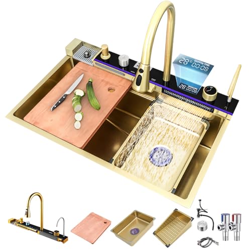 FGNIXLN Küchenspüle, T304 Edelstahlspüle, multifunktionale Küchenspüle, Wasserfall-Spüle, Einbauspüle mit multifunktionalem digitalen Wasserhahn und verschiedenen Zubehörteilen (85X45CM, Gold) von FGNIXLN