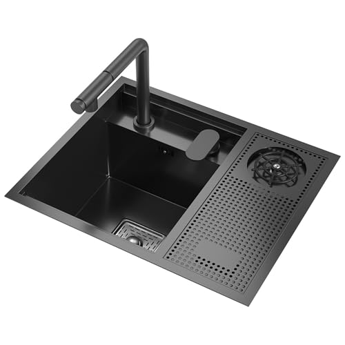 FGNIXLN Spülbecken Schwarz Matt,55x45cm Unsichtbares küchenspüle einbauspüle waschbecken küche spülbecken edelstahl waschbecken bad Mit ausziehbarem Hebehahn und Becherwaschfunktion. von FGNIXLN