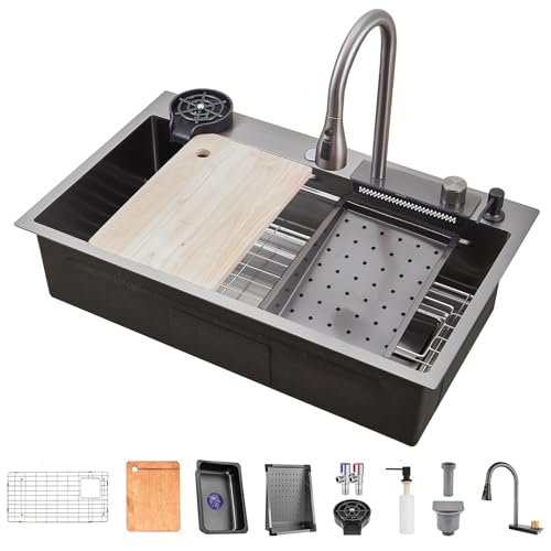 FGNIXLN Wasserfall Küchenspüle, T304 Edelstahlspüle, 86x50cm multifunktionale Küchenspüle, Einbauspüle, spülbecken mit multifunktionalem Wasserhahn und verschiedenen Zubehörteilen (86X50CM) von FGNIXLN