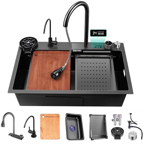 FGNIXLN Wasserfall Küchenspüle, T304 Edelstahlspüle, multifunktionale Küchenspüle, Einbauspüle mit multifunktionalem digitalen Wasserhahn und verschiedenen Zubehörteilen (85X45CM) von FGNIXLN