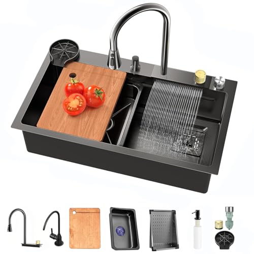 FGNIXLN Wasserfall Küchenspüle, dunkelgrau 304 Küchenspüle Edelstahl, multifunktionale Küchenspüle, spülbecken mit ausziehbarem Wasserhahn und anderem Zubehör (80X45CM) von FGNIXLN