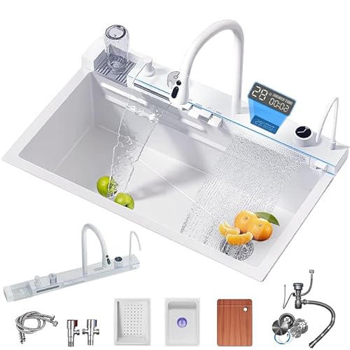 FGNIXLN Weiße multifunktionale Wasserfall-Digitalanzeige Küchenspüle, 304 Edelstahl 1 becken Smart Spüle mit integriertem Wasserhahn, Tassenwascher, Seifenspender, Spülbeckenzubehör-Kit 85 cm von FGNIXLN