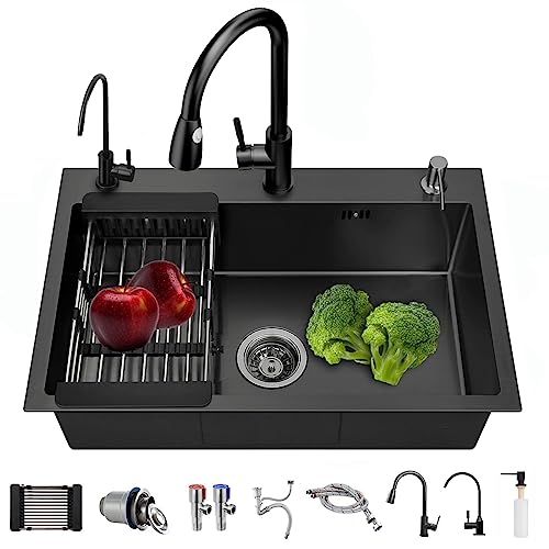 Küchenspüle Mattschwarz, 304 Küchenspüle aus Edelstahl, 60x45CM Küchenspüle,Einbauspüle inkl mit Wasserhahn/Seifenspender/Trinkwasserhahn (60X45CM) von FGNIXLN