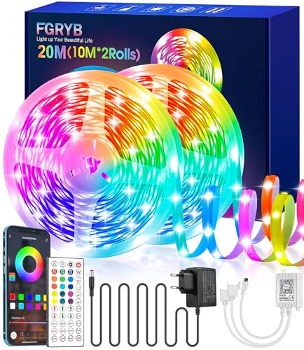FGRYB LED Strip 20M RGB Streifen, mit Musik Sync Farbwechsel Lichterkette mit Fernbedienung & Bluetooth App Ultralang Dimmbar Lichtband für Zuhause Schlafzimmer Küche Party von FGRYB