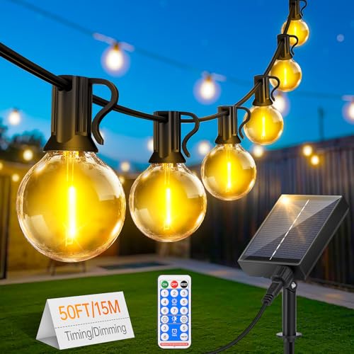 FGRYB Solar Lichterkette Aussen 15M - LED Solarlichterkette Außen IP65 Wetterfest 20+1 G40 Glühbirnen mit Fernbedienung 8 Modi für Outdoor Garten Balkon Party Hochzeit von FGRYB