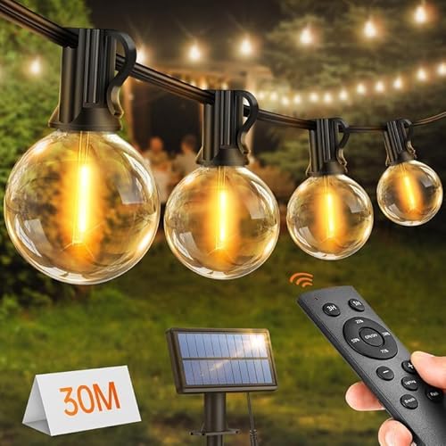 FGRYB Solar Lichterkette Aussen 30M - LED Solarlichterkette Außen IP65 Wetterfest 50+2 G40 Glühbirnen mit Fernbedienung 3 Modi für Outdoor Garten Balkon Party Hochzeit von FGRYB