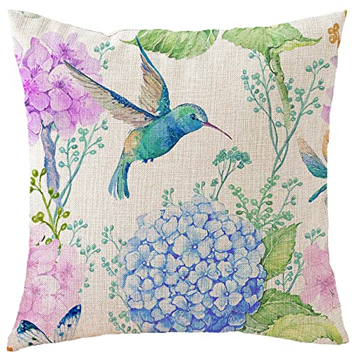 Kissenbezug aus Leinen, quadratisch, 45,7 x 45,7 cm, Kissenbezug für Sofa, Couch, Zuhause, Schlafzimmer, beidseitig bedruckt, Aquarellfarben, Blumen, Schmetterlinge und Kolibri, Blau, Pink, Hortensien von FGRYFRU