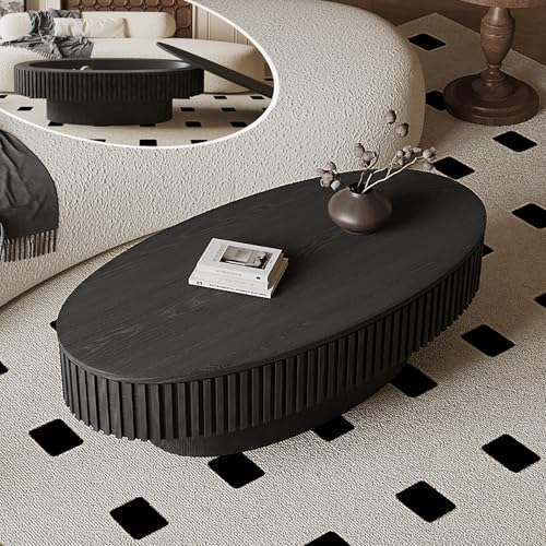FGXJY Ovaler Couchtisch mit Stauraum, moderner schwarzer Couchtisch mit Massivholz furniert, geriffelter Mitteltisch, Holztrommel, Teetisch für Wohnzimmer, Wohnung, 120 cm L x 60 cm B x 36 cm H von FGXJY