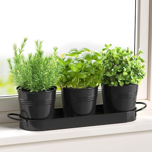 FGXY Pflanztöpfe Für Kräuter, Atmungsaktiver Kräutertopf, Küchenkräuter Töpfe, Kräutertopf Mit Untersetzer, Verwendet Zur Dekoration Von Schreibtisch, Fensterbänder, Blumenbänder Usw (schwarz) von FGXY