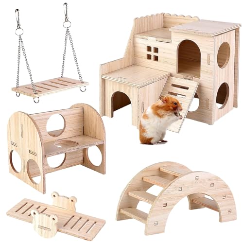 FGen 5-teiliges Holzspielzeug für Hamster, Hamster, Eckhaus aus Holz für Hamster, kleine Tiere für Kaninchen, Chinchilla, Hamster, Meerschweinchen von FGen