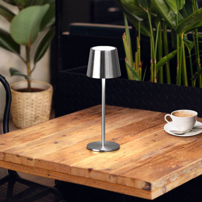 LED-Akku-Tischlampe Roxi, nickelfarben, Metall, IP54, Dimmer LED-Akku-Tischlampe Roxi, nickelfarben, Metall, IP54, Dimmer von FH Lighting