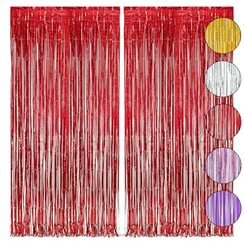 FHBHJNATC 2 Stück Silvester Lametta Vorhang, Weihnachtstag Party Deko 1 * 2 M, Fransenvorhang, Es kann verwendet werden, um Weihnachtsfeiern, Abschlussdisco, Silvester usw. zu dekorieren(Rot2.5) von FHBHJNATC