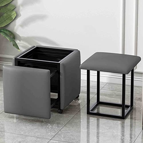 FHDCNTO 5 in 1 Nesting Ottomans Stuhl Stapelstuhl, Home Sofa Essmagie Würfelhocker mit Nappa -Ledersitz, Kohlenstoffstahlrahmen und Rädern (Größe: 35x35x35 cm, Farbe: Grau) von FHDCNTO