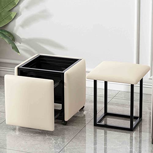 FHDCNTO 5 in 1 Nesting Ottomans Stuhl Stapelstuhl, Home Sofa Essmagie Würfelhocker mit Nappa -Ledersitz, Kohlenstoffstahlrahmen und Rädern (Größe: 45x45x45 cm, Farbe: Beige) von FHDCNTO