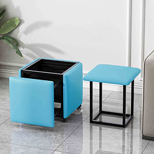 FHDCNTO 5 in 1 Nesting Ottomans Stuhl Stapelstuhl, Home Sofa Essmagie Würfelhocker mit Nappa -Ledersitz, Kohlenstoffstahlrahmen und Rädern (Größe: 45x45x45 cm, Farbe: Blau) von FHDCNTO