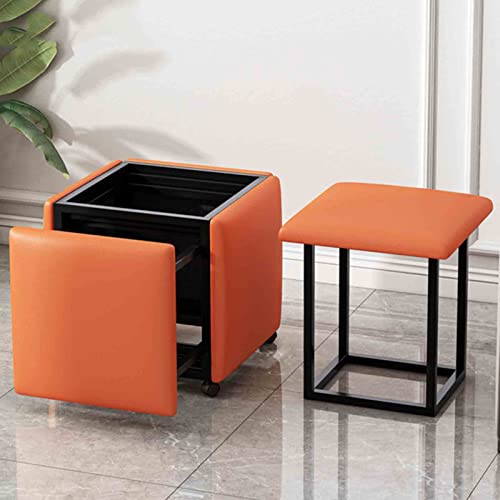 FHDCNTO 5 in 1 Nesting Ottomans Stuhl Stapelstuhl, Home Sofa Essmagie Würfelhocker mit Nappa -Ledersitz, Kohlenstoffstahlrahmen und Rädern (Größe: 45x45x45 cm, Farbe: Orange) von FHDCNTO