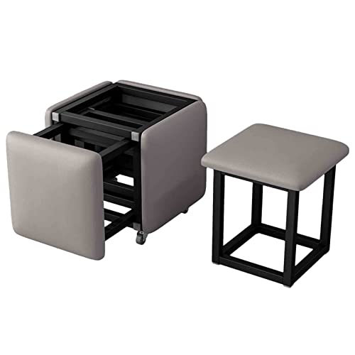 FHDCNTO Grauer Magie Würfelhocker 5 in 1 Nesting -Osmanen mit PU -Ledersitz, Rahmen des Kohlenstoffstahls und Räder, stapelbares Essflockenstuhl (Größe: 45x45x45 cm) von FHDCNTO