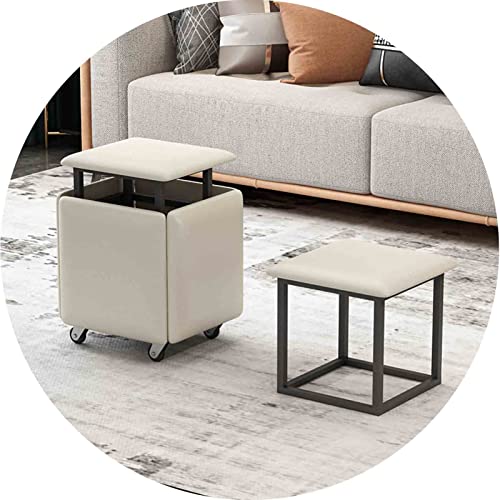FHDCNTO Magic Cube Stools 5 in 1 Niststuhl mit Ledersitz und Rollen, Hausmöbel Essküche Weichstapelbare Osmanen (Größe: 35x35x35 cm, Farbe: Weiß) von FHDCNTO