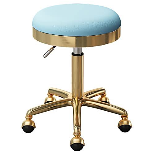 FHDCNTO Roll-Barhocker mit schwenkbaren Erdrädern, Schönheitssalons Counter medizinischer Stuhl, runder Sitz und Gold Edelstahlrahmen, Verstellbarer 47-64 cm (Farbe: Hellblau) von FHDCNTO