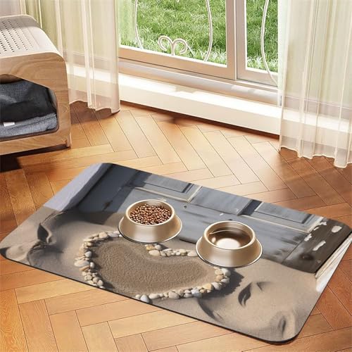 Beach Sand Heart Door Pet Feeding Mat 40x60cm, Absorbent Dog Mat for Food and Water Bowl, PU Leather Cat Food Mat Waterproof Dog Bowl Mats Quick Dry Pet Placemats - No Stains von FHEBNDS
