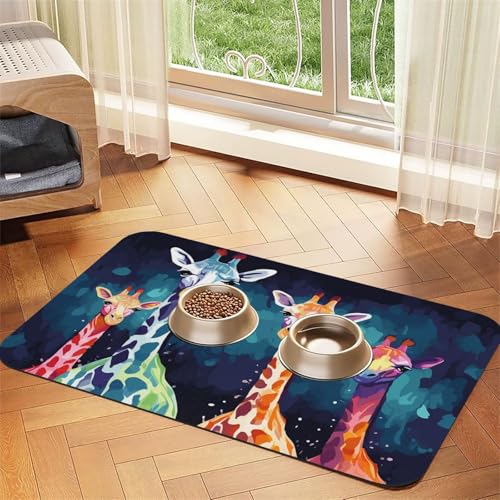 Bunte Giraffen-Futtermatte, 30 x 45 cm, saugfähige Hundematte für Futter- und Wassernapf, PU-Leder, Katzenfuttermatte, wasserdicht, schnell trocknend, Haustier-Platzsets, keine Flecken von FHEBNDS