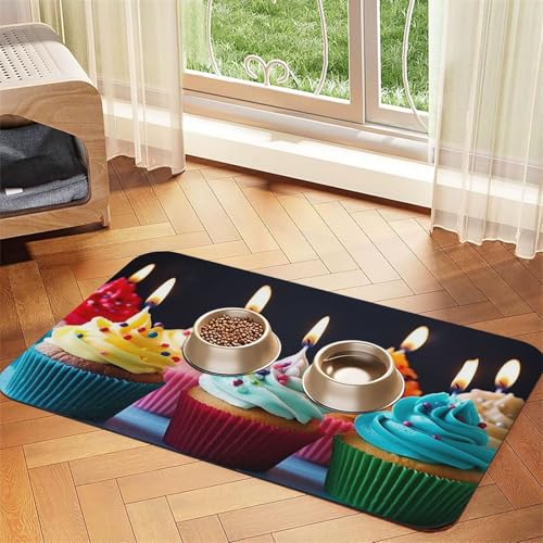 Bunte Happy Birthday Cupcakes Haustier-Futtermatte, 30 x 45 cm, saugfähige Hundematte für Futter und Wassernapf, PU-Leder, Katzenfuttermatte, wasserdicht, schnell trocknend, Haustier-Platzsets, keine von FHEBNDS