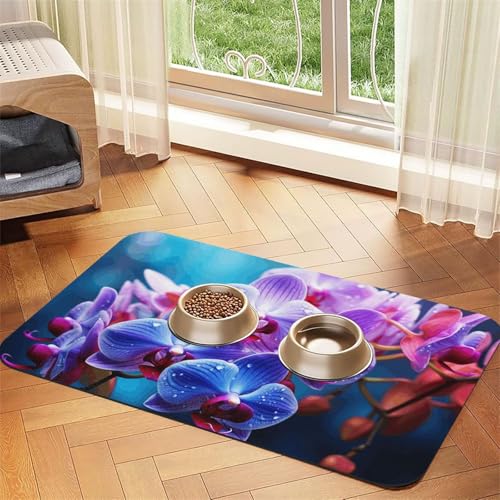 Bunte Orchideen-Blumen-Haustier-Futtermatte, 40 x 60 cm, saugfähige Hundematte für Futter- und Wassernapf, PU-Leder, Katzenfuttermatte, wasserdicht, schnell trocknend, Haustier-Platzsets, keine von FHEBNDS