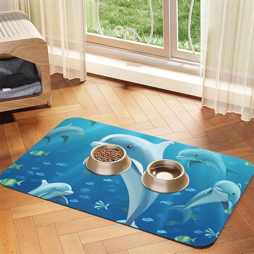 Delfin-Futtermatte für Haustiere, 30 x 45 cm, saugfähige Hundematte für Futter und Wassernapf, PU-Leder, Katzenfuttermatte, wasserdicht, schnell trocknend, Haustier-Tischsets, keine Flecken von FHEBNDS