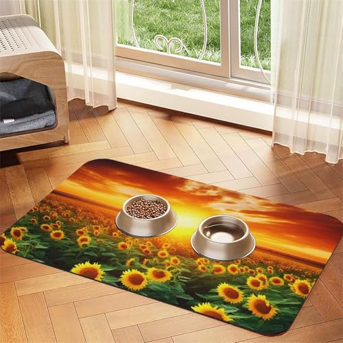 Dreamlike Sunset of A Sunflower Field Haustier-Futtermatte, 30 x 45 cm, saugfähige Hundematte für Futter- und Wassernapf, PU-Leder, Katzenfuttermatte, wasserdicht, schnell trocknend von FHEBNDS
